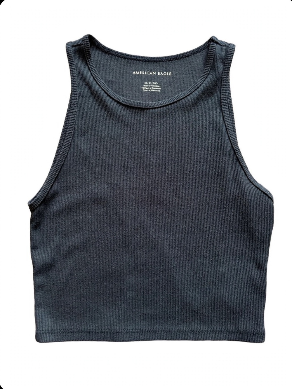 American Eagle Ribbed Crop Tank Top XS Black Scoop Neck High Neck